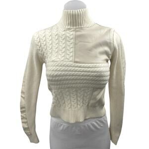 Central Park West Cream White Cable Knit Turtleneck Long Sleeve Crop Sweater XS